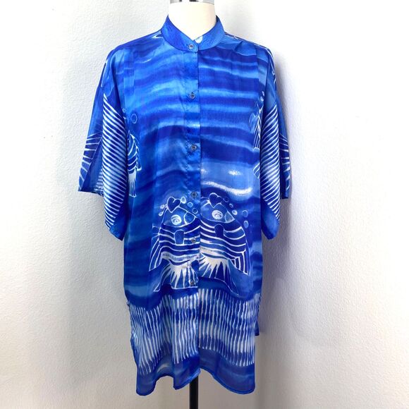 Blue Silky Oversize Semi-Sheer Tunic Blouse 2X Beach Coverup Lounge Boho Resort - Picture 2 of 11